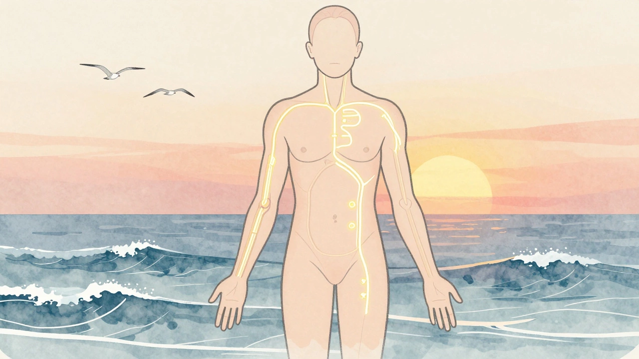 Схематичное изображение тела с визуализацией улучшения здоровья под воздействием моря и солнца.