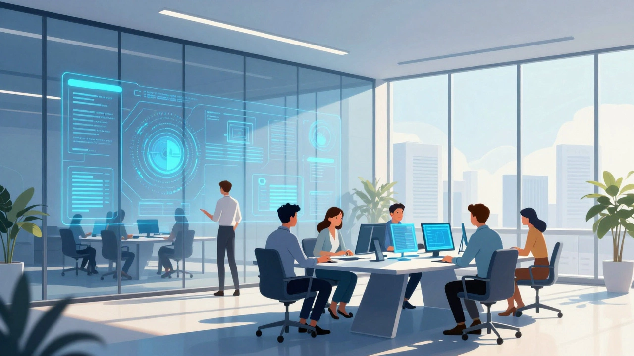 Современный офис в Сингапуре с профессионалами и цифровыми дисплеями.