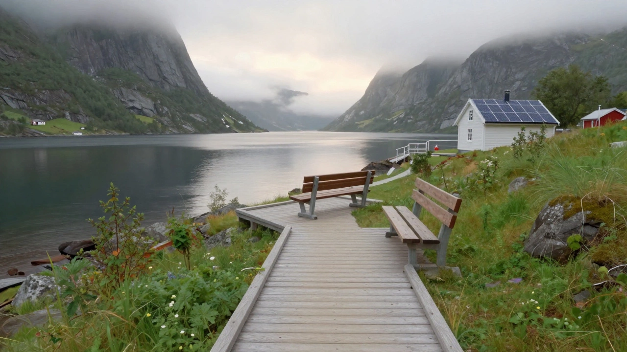 Тропа в норвежском фьорде с лавочкой и спокойной водой на рассвете.