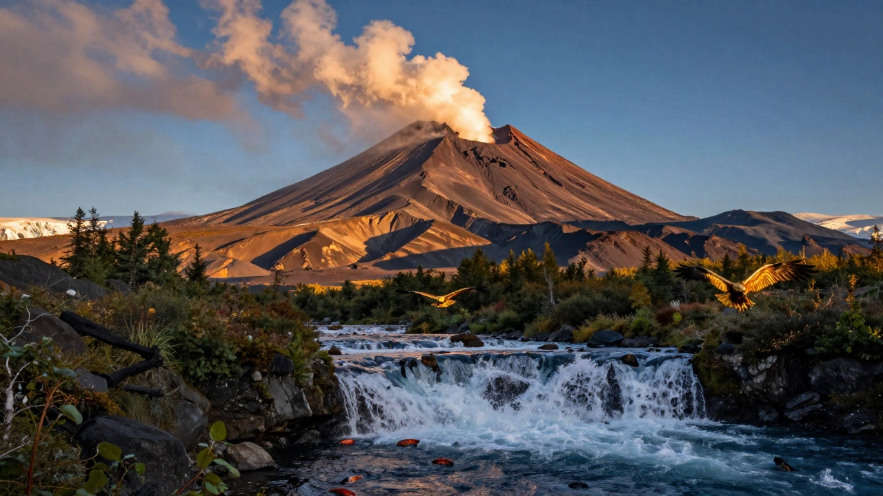 Вулкан Ключевская Сопка извергает пар, лососи прыгают через водопады, орлан парит в небе.