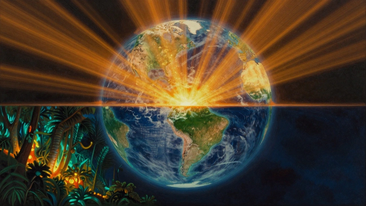 Земля с концентрированным солнечным светом на экваторе и рассеянным светом у полюсов.