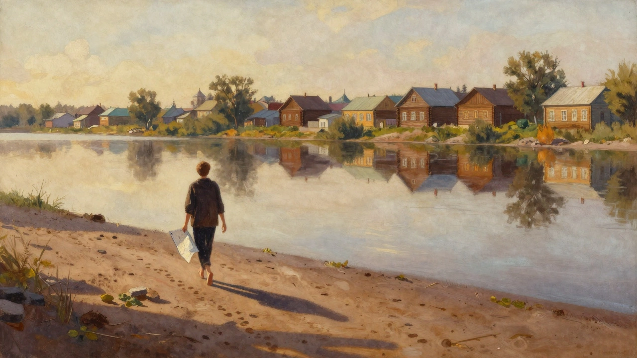 Человек идет вдоль реки в Казани, старые дома отражаются в воде, без техники и шума.