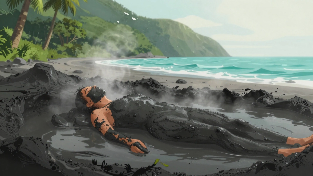 Человек лежит в тёплой грязевой ванне на чёрноморском побережье, вокруг — зелёные холмы и волны.