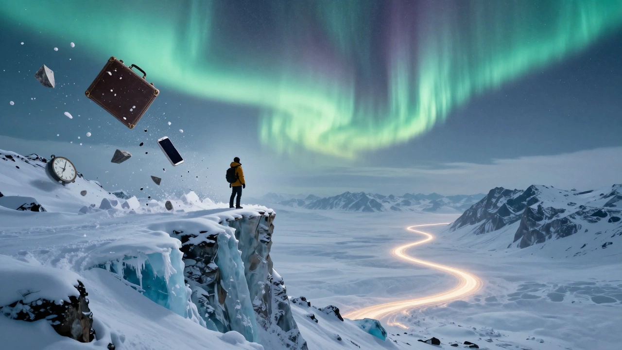 Человек на краю ледяного обрыва в Камчатке, прошлое рассыпается в снегу, впереди — светящийся путь.