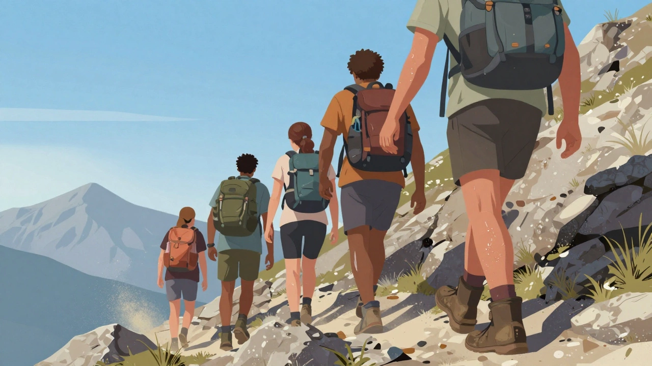 Группа людей помогает друг другу подниматься по узкой горной тропе.