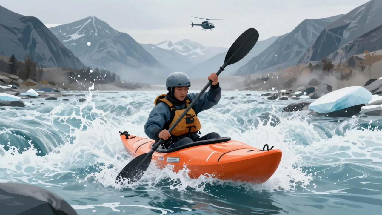 Каякер преодолевает бурные пороги реки Катунь в Алтае, горы и пена вокруг.