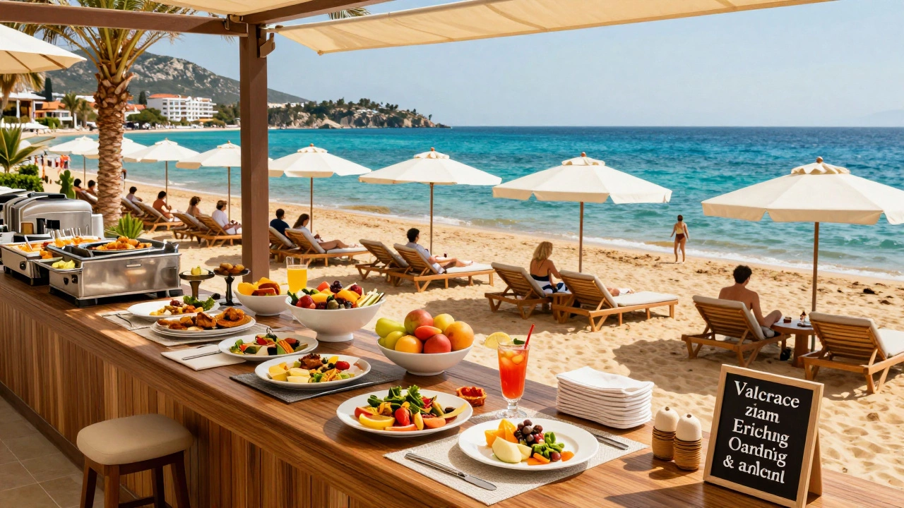 Отель в Турции с всем включено: гости едят на открытом буфете, лежат на пляжных шезлонгах под пальмами.