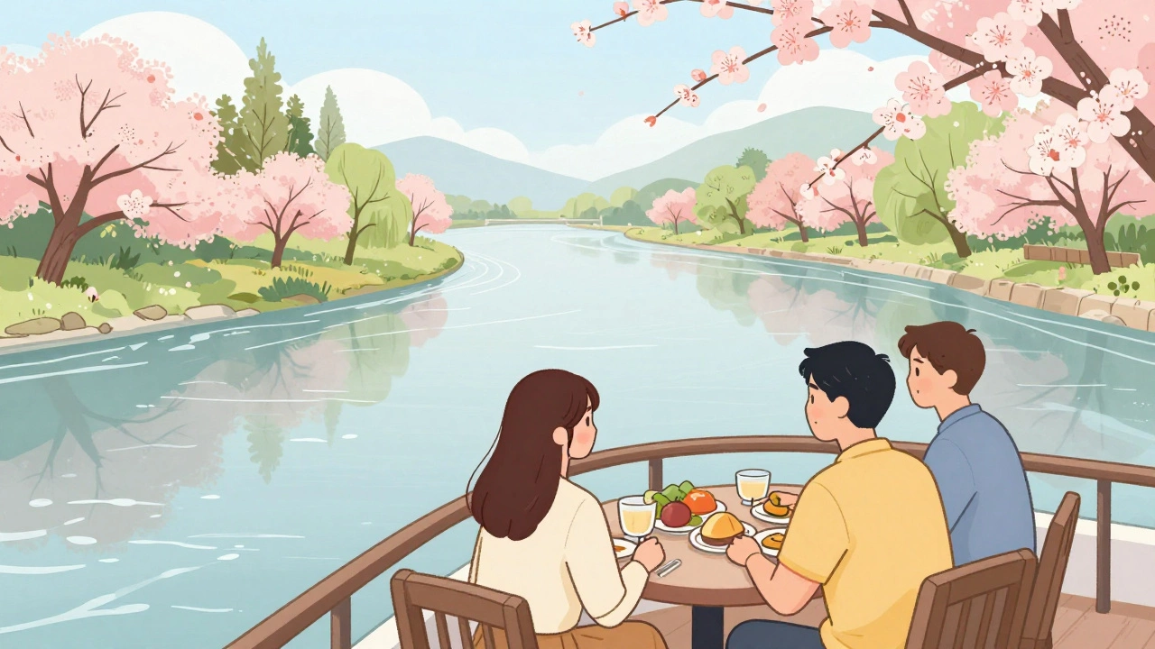 Пассажиры на палубе круиза весной с цветущими деревьями