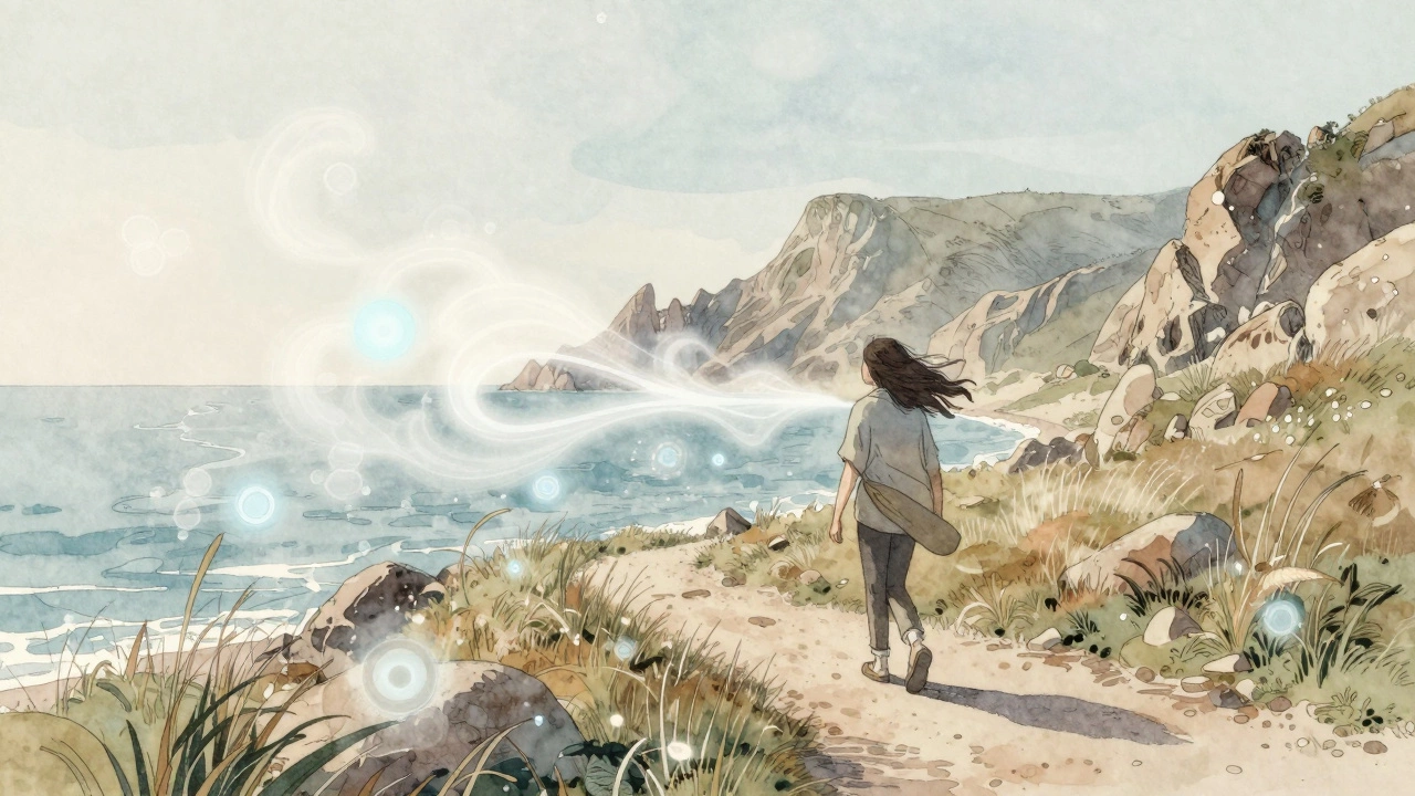 Пеший прогулка вдоль берега Крыма, ветер с моря несет минеральные частицы, окружающая природа спокойна и чиста.