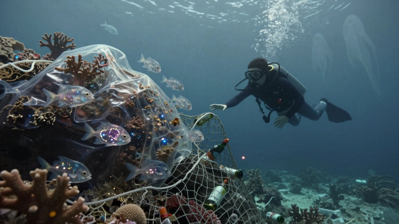 Подводный риф, покрытый пластиком, с рыбами, внутри которых видны микропластиковые частицы.