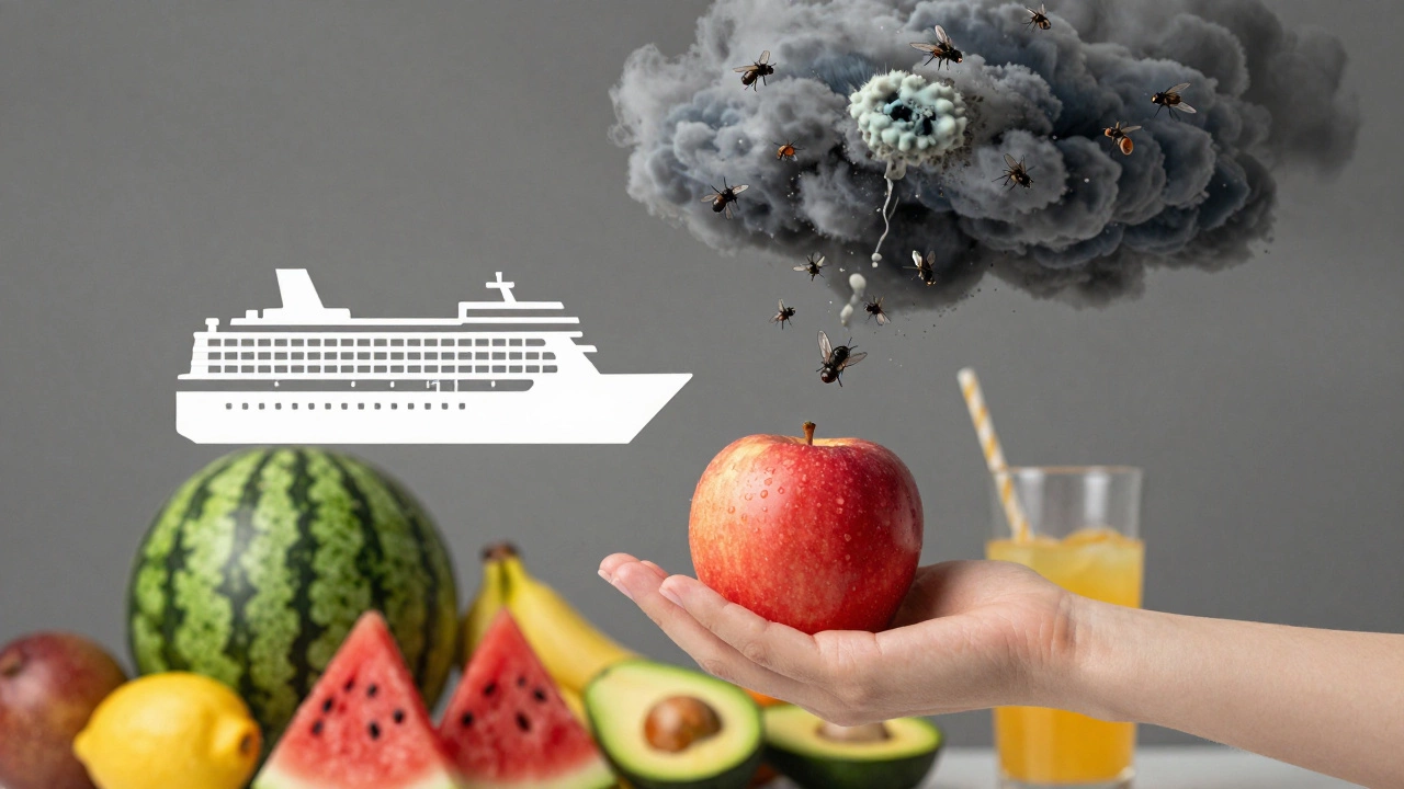 Рука дает яблоко круизному кораблю, а за ним — туча из мух и испорченных фруктов.