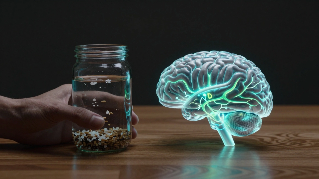 Рука держит банку с морской солью, рядом — прозрачная модель мозга с активными нейронами.