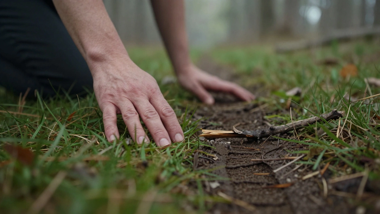 Руки касаются земли, показывая повторяющиеся следы в траве, ведущие в лесную чащу.