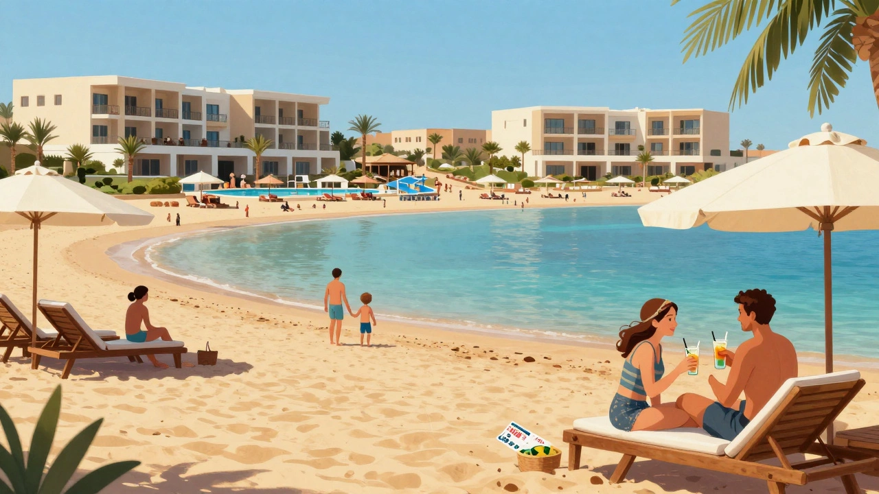 Семьи на пляже в Хургаде, Египет, на фоне современных отелей и спокойной воды.
