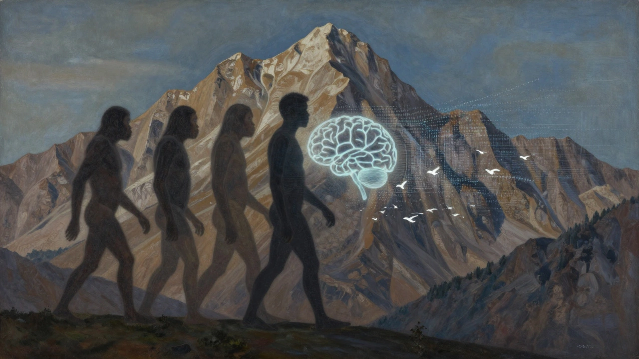 Силуэт человека, сливающийся с горами, символизирующий эволюцию и внутреннюю перезагрузку.