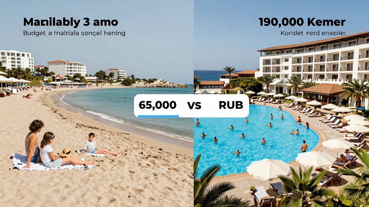 Сравнение бюджетного и роскошного отдыха в Турции: тихий пляж в Манавгате и переполненный курорт в Кемере.