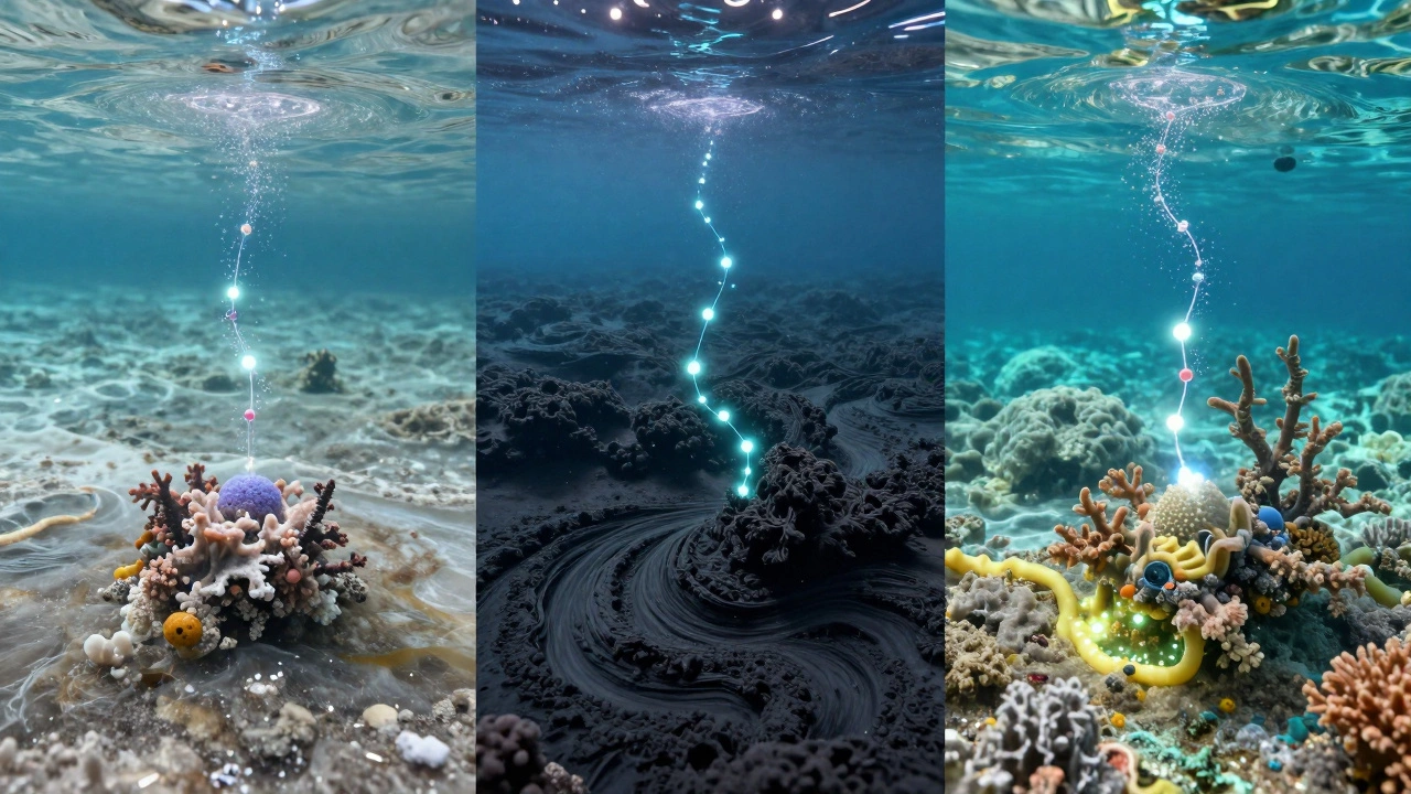 Три моря в одной сцене: Мёртвое, Чёрное и Каспийское, с потоками минералов, проникающих в кожу человека.