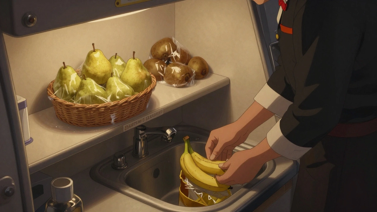 В кабине круизного судна стоят груши и киви в упаковке, стюард убирает испорченный банан.