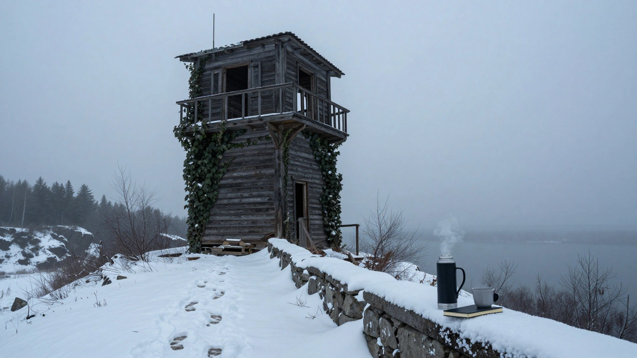 Заброшенная наблюдательная вышка на Волге под снегом, рядом следы и термос с паром.