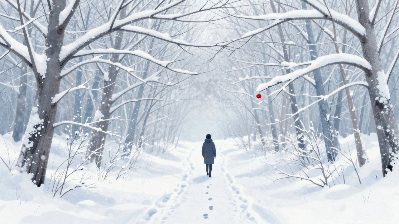 Зимняя лесная тропа в снегу, следы шагов ведут вдаль, тишина и спокойствие.