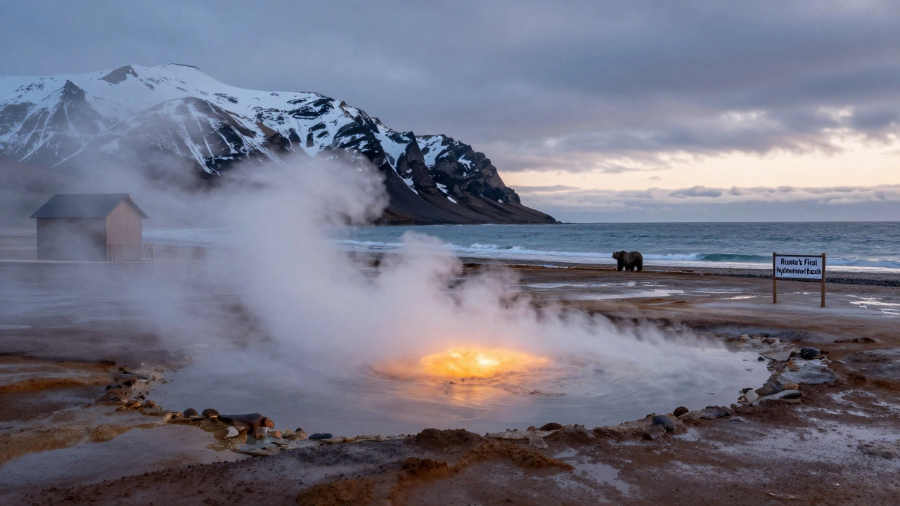 Геотермальный пляж на Камчатке с паром над тёплой водой, вулканы и медведи на заднем плане.