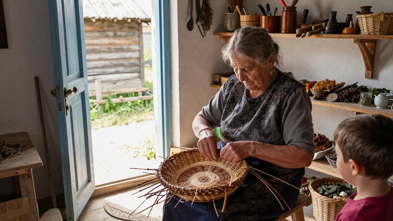 Гость помогает женщине плести корзину из ивы в деревне на Северном Кавказе.