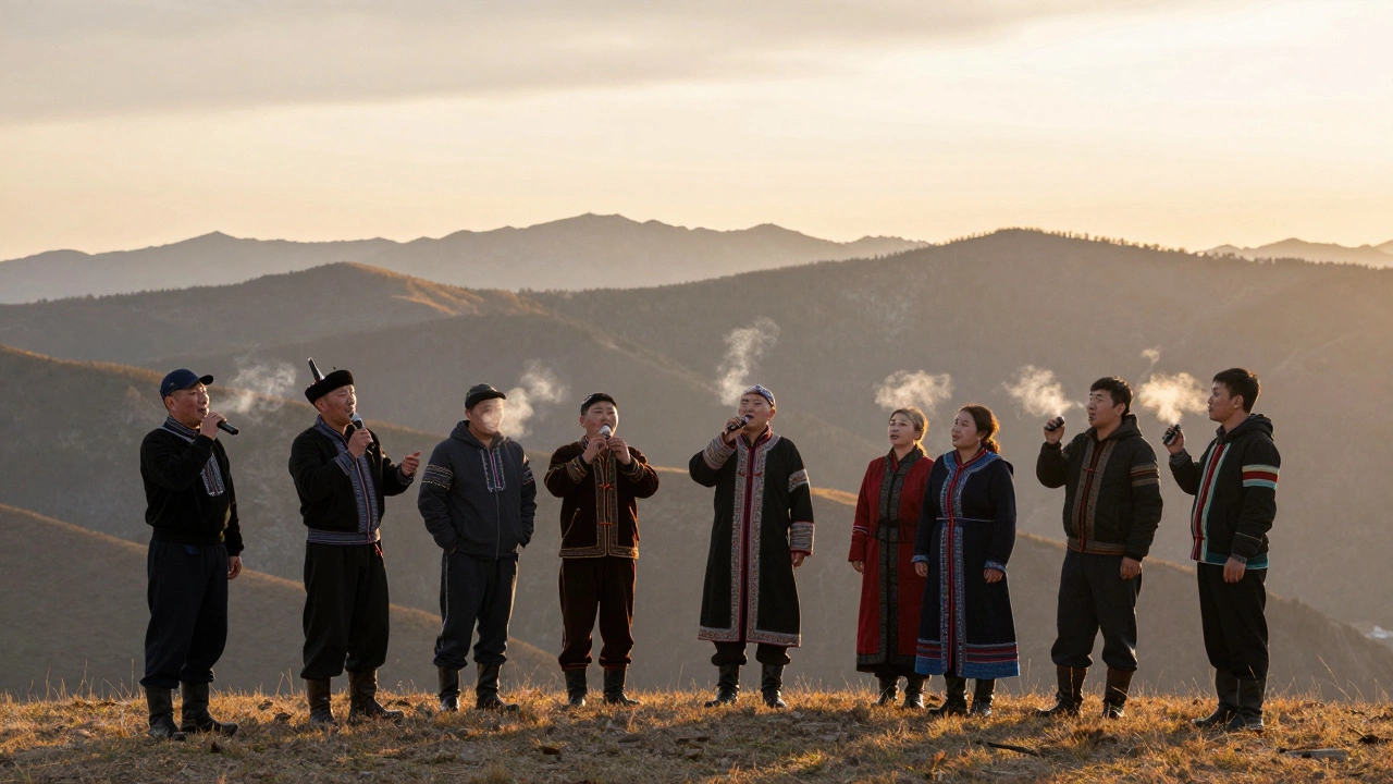 Гости и местные поют горловым пением на горном перевале на рассвете.