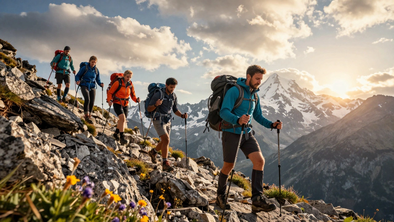 Группа туристов поднимается по горной тропе к пикам