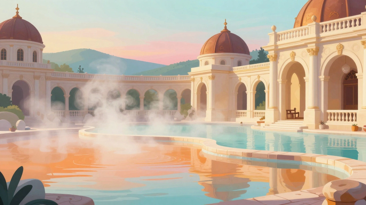 Иллюстрация венгерских термальных ванн с паром и архитектурой.