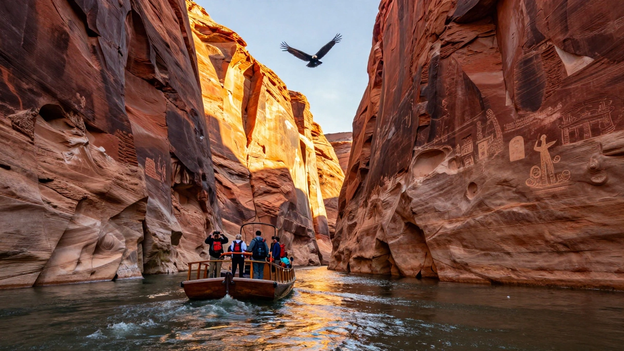 Каньон Колорадо на рассвете, лодка плывёт между красными скалами, над головой парит кондор.
