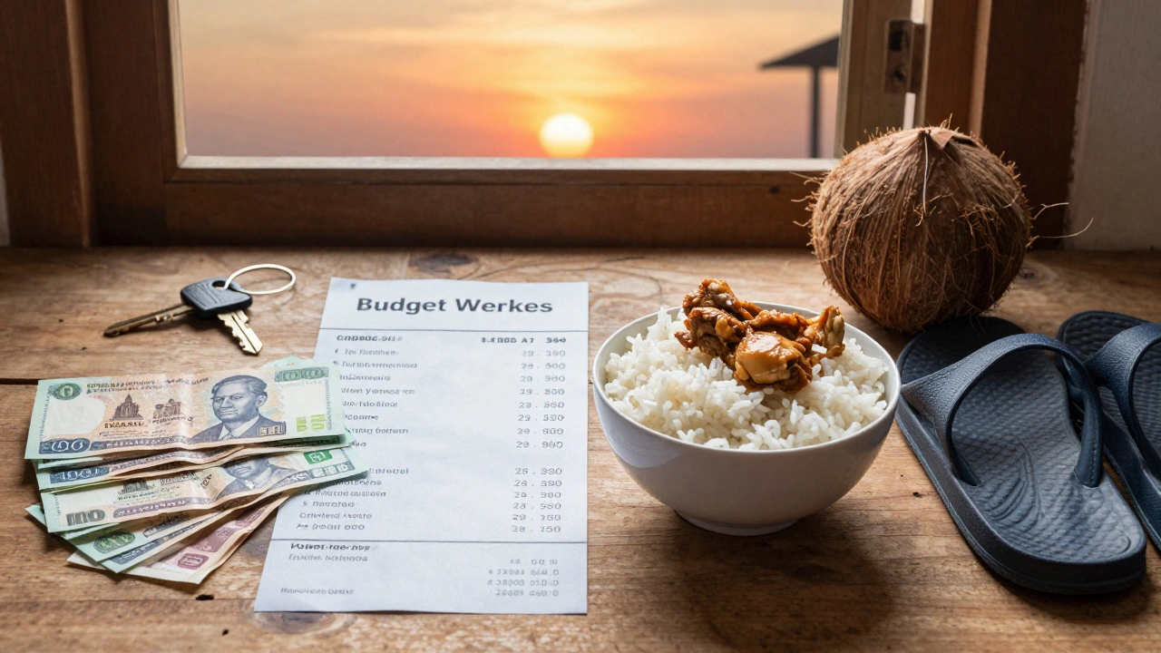 Набор вещей, символизирующих бюджетную жизнь в Камбодже: еда, билет, ключ от номера и сандалии.