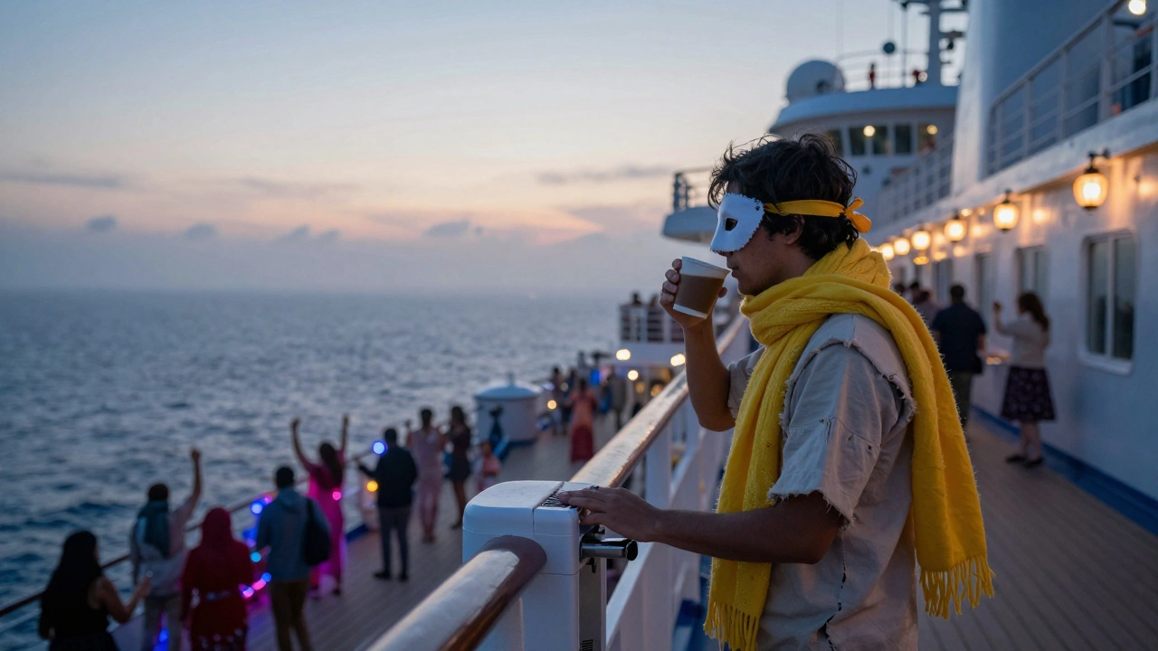 Одинокий пассажир пьет кофе на рассвете на палубе, глядя на океан, вдали — огни прошедшей вечеринки.