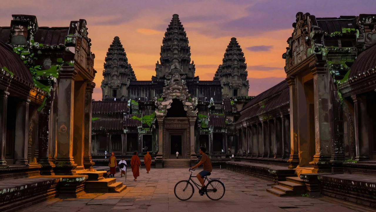 Одинокий путешественник на велосипеде среди храмов Ангкор-Ват на закате, без толп и рекламы.