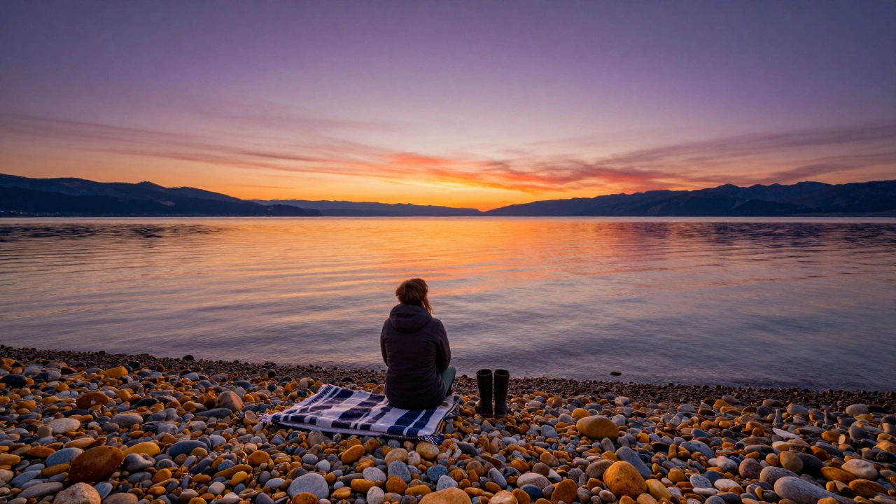 Одинокий путешественник смотрит на закат на острове Ольхон, чистая вода Байкала и горы на фоне.