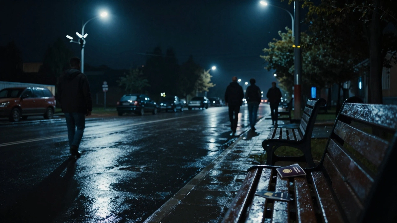 Пустая улица в Махачкале ночью, камеры наблюдения освещают пустой тротуар с паспортом на скамейке.