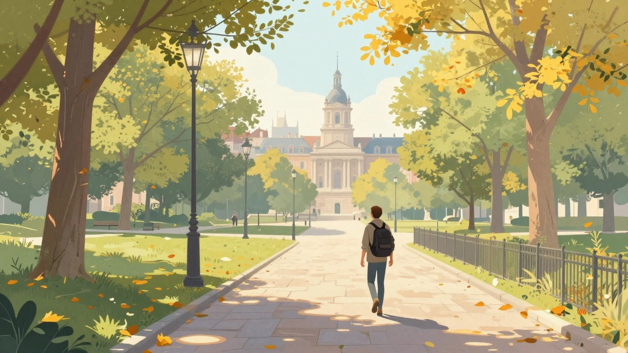 Путешественник гуляет по тихой улице в межсезонье, мягкий свет.