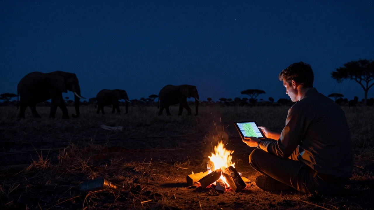 Путешественник и охранник наблюдают за слонами в саванне Ботсваны ночью.
