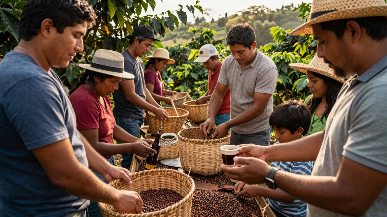 Путешественники и фермеры собирают кофе в деревне Гватемалы.