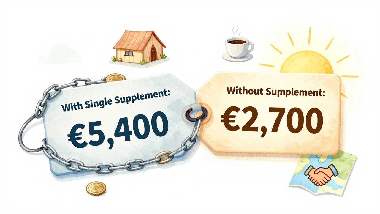 Раздвоенный ценник: дорогой вариант с доплатой и дешевый без неё, с символами одиночного путешествия.