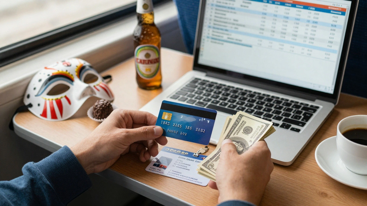 Руки человека с кредитной картой, наличными и сувенирами с круиза: маска, бутылочка пива и шоколад.