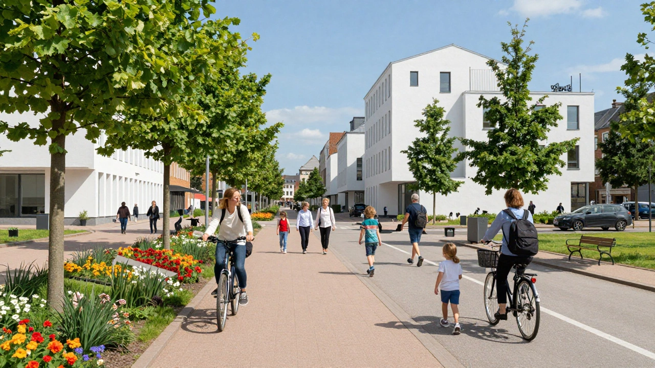 Семейная прогулка по безопасному городу с велодорожками и зеленью.