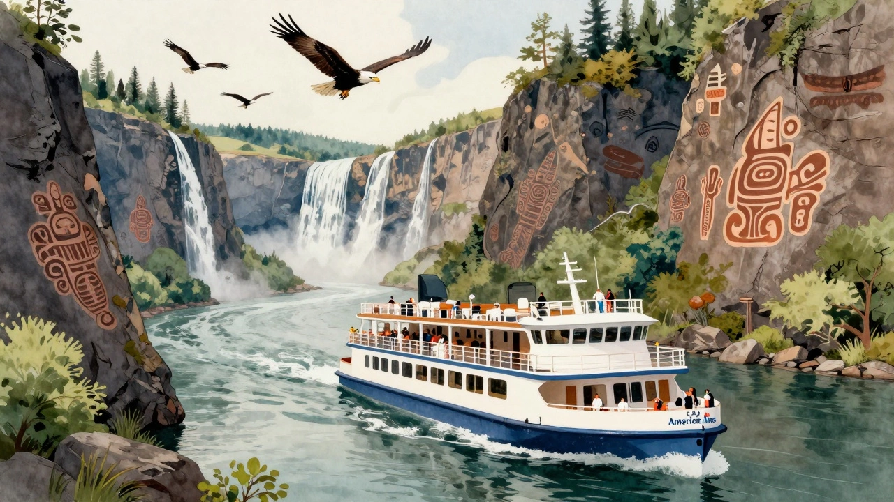 Современный речной круизный лайнер проходит через каньоны реки Колумбия с водопадами и наскальными рисунками индейцев.