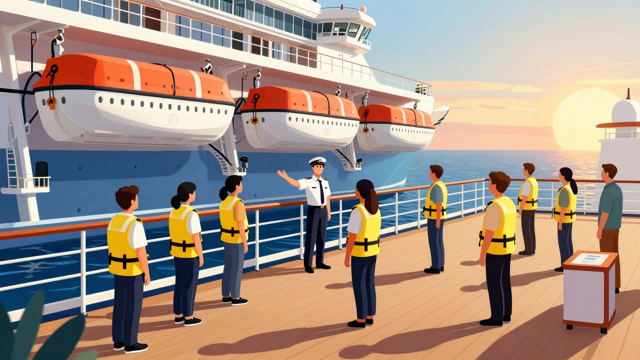 Спасательные шлюпки и команда во время инструктажа по безопасности на палубе