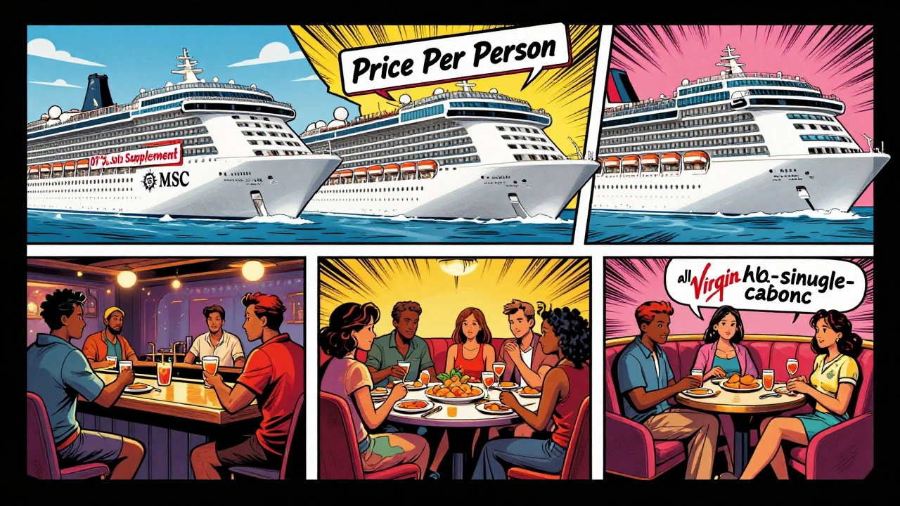 Три круизных лайнера с надписями о льготах для одиноких пассажиров, разные travelers в активных сценах.