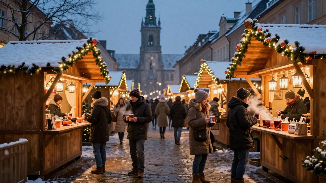Зимняя рождественская ярмарка с деревянными ларьками и гирляндами.