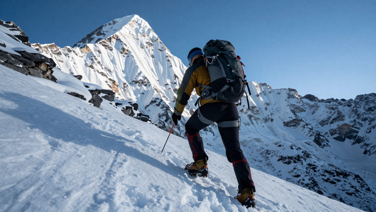 Альпинист в профессиональном снаряжении поднимается на заснеженную вершину в Непале