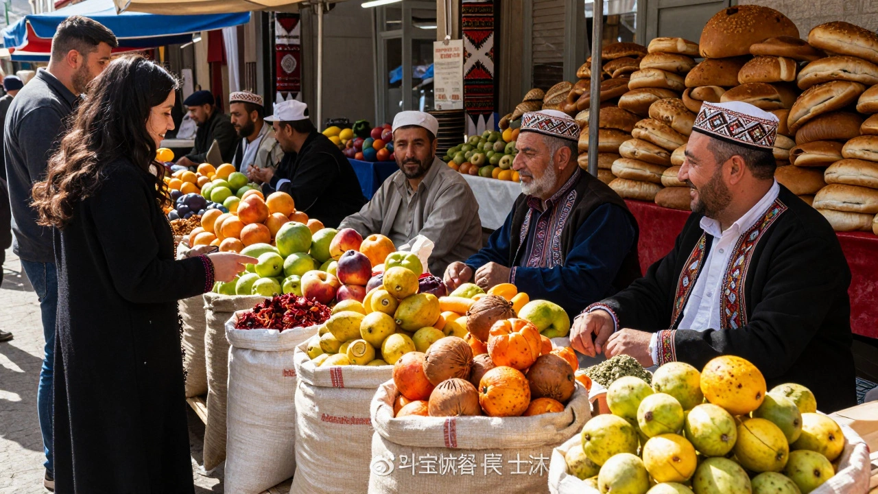 Яркий местный рынок в Дагестане с традиционной едой и фруктами
