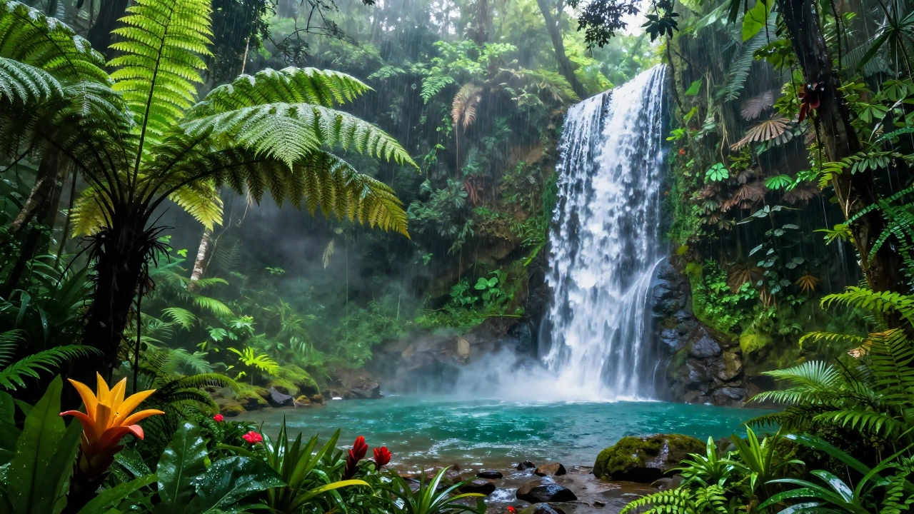 Ярко-зеленые джунгли с мощным водопадом в сезон дождей