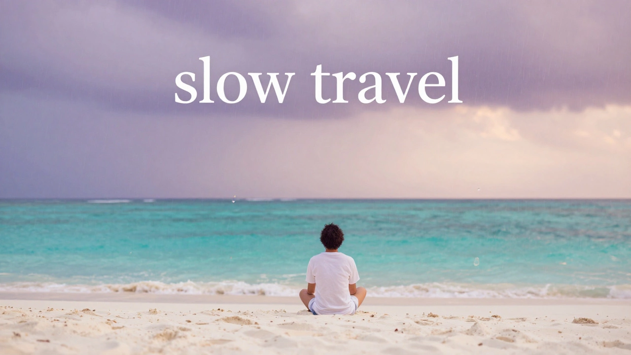 Человек на берегу океана под теплым тропическим дождем в сумерках