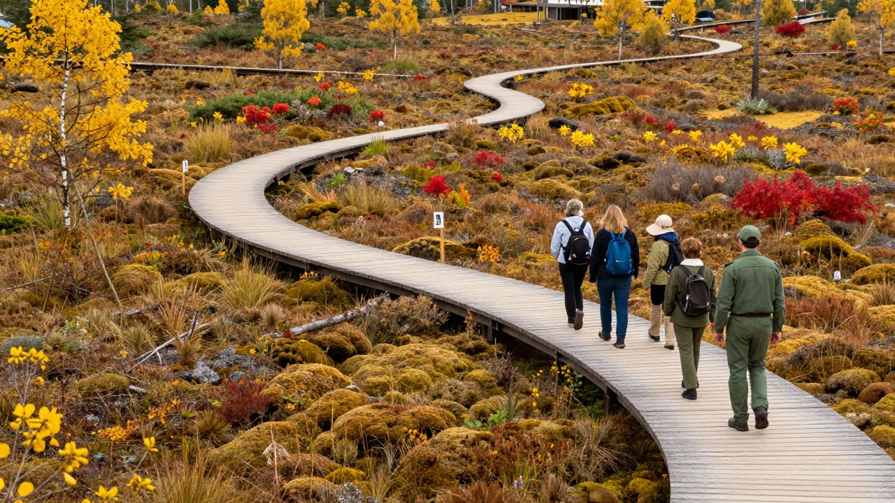 Деревянный настил экотропы в осеннем лесу с группой туристов и гидом